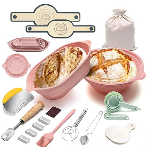 Zjyufy Suministros para hornear pan de masa madre, 14 piezas de cesta de prueba de pan Banneton, kit de iniciación, accesorios para hacer pan, kit de inicio, suministros para hornear pan de masa madre