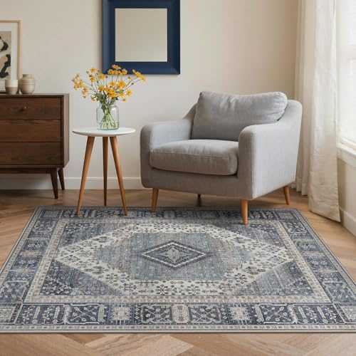 GENIMO Orientalischer Vintage Teppich Dunkelblau, Waschbar, 120x170 cm | Klassisches orientalisches Medaillonmuster in Dunkelblau, waschbar und rutschhemmend – für Wohn- und Schlafzimmer.