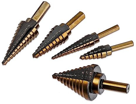 Broca escalonada, Brocas for metal, Juego de brocas escalonadas de titanio y acero HSS de 5 piezas en pulgadas Cortador de orificios de metal de tamaño 50 Herramienta de sierra perforadora con núcleo
