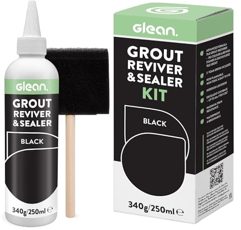 GLEAN Fugenfarbe & Versiegelung Schwarz | 340g | Erneuert & schützt Fliesenfugen | Mit Schaumstoffpinsel | Atmungsaktiv & fleckenresistent | Für Bad, Dusche & Küche