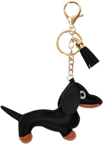 WeddHuis 1pcs Schlüsselanhänger Dackel,Süße Welpe Hundetasche Anhänger Leder Glücksbringer Geschenke für Lieblingsmensch Frauen Männer Kinder Geburtstag Schlüsselring(Schwarz)
