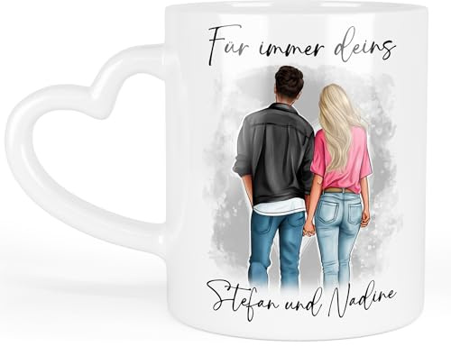 Kiddle-Design Pärchen Tasse Personalisiert Paar Valentinstag Jahrestag für Sie und Ihn Geschenk Partner Freund Freundin Liebesgeschenke (Herz-Henkel)
