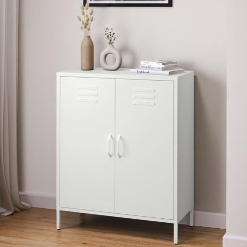 skølm Atria Kommode, mit 3 Fächern, Weiß, Metallschrank mit Doppeltüren | Sideboard, Mehrzweckschrank mit flexiblen Einlegeböden, Industrial Highboard, Aufbewahrungsschrank/Flurschrank für Flur