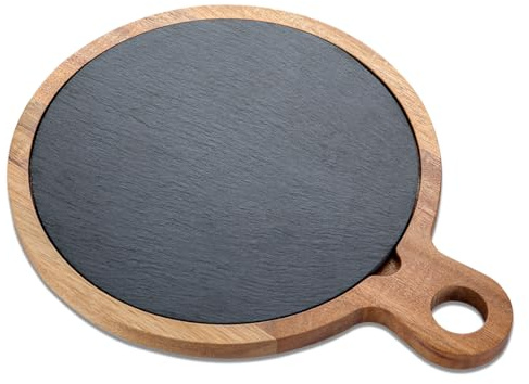 LiWiBet Acacia Wood Cutting Board with Removable Black Slate Board, Cheese Serving Board Plate with Handle, Wooden Serving Platter Slate Steak Plate for Cheese Steak Bread
