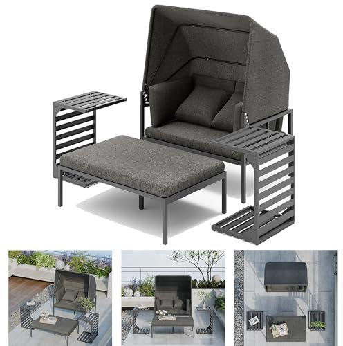 Mucola Aluminium Gartenmöbel Set mit 2 Beistelltischen Strandkorb inkl. Sonnendach | wetterfest und rostfrei | Sonneninsel extra Dicke Wasserabweisende Kissen