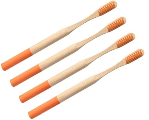 Cepillo de Dientes de Bambú 4 Piezas, Naranja, Manual | Uso en Casa y Viaje, Diseño Ergonómico Antideslizante, Limpieza Dental Completa, 4 Unidades
