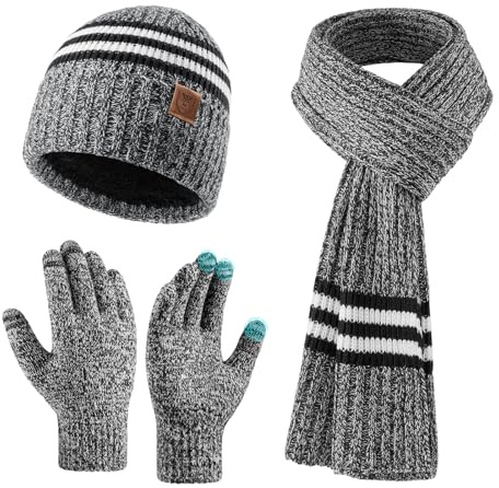 OZERO Mütze Schal Handschuhe Set Herren & Damen Touchscreen Winter | Weiches Fleecefutter, 200 cm Länge, Ohrenschutz & Touch für Pendeln im Winter