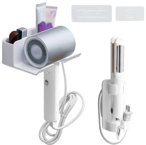 2 PCS Sin Taladrar Soporte Autoadhesivo para Secador de Pelo, Soporte para Rizador de Pela, Soportes para Secadores de Pelo con Organizador Cable y Organizador Herramienta, para Baño Dormitorio Hôtel