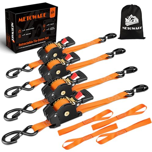 METOWARE Retractable Ratchet Straps (4-Pack) - 1 x 10' (1500lb Break Strength) - Heavy Duty Auto Self Retracting Tie Down Straps for Truck, Trailer, Cargo Van, Motorcycle - Orange