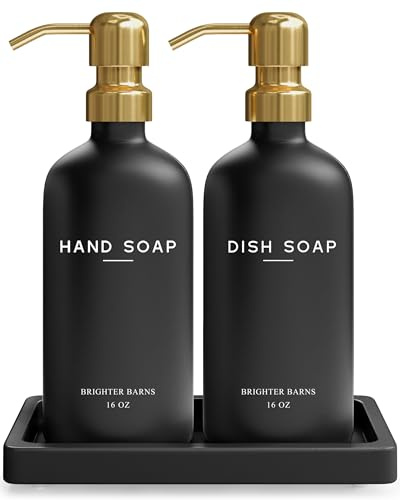 Luxury Glass Hand and Dish Soap Dispenser Set by Brighter Barns - Black and Gold Soap Dispenser Set for Kitchen Sink - Modern Kitchen Decor and Accessories for Restaurant, Airbnb, Gift (Black/Gold)