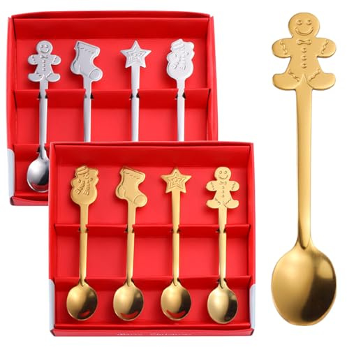 CutitiUU Lot de 8 Cuillères à Café de Noël,Cuillères à thé à Dessert en Acier de Noël,Emballage de Boîte-Cadeau,décorations de table de fête de noël,Petite Cuillère à Dessert, Argent