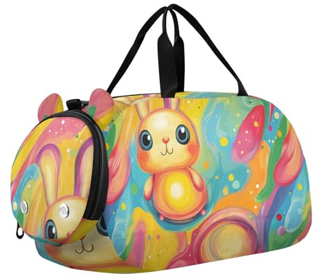 Bolsa de lona infantil con diseño de conejo colorido con compartimento para zapatos, ligera, para niños, para playa, natación, piscina, deportes