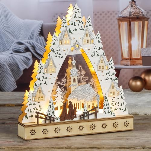mucHome LED beleuchtete Weihnachtsstadt aus Holz 3D Optik Lichterbogen mit 10 warmweiße LEDs Winterdorf Design mit Silhouetten Lichtdekoration Weihnachten Deko Fensterbrett Schwibbogen