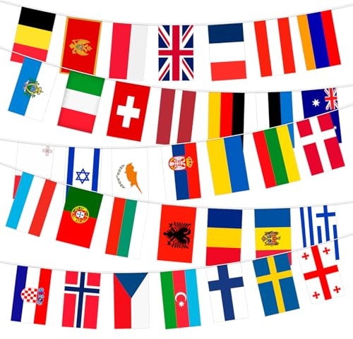 Guirnalda de banderas de Eurovisión 2026 de 12 m, cadena de banderines de tela para Eurovisión y Campeonato Mundial, banderines de doble cara con 35 países europeos, decoración para bar, club, jardín