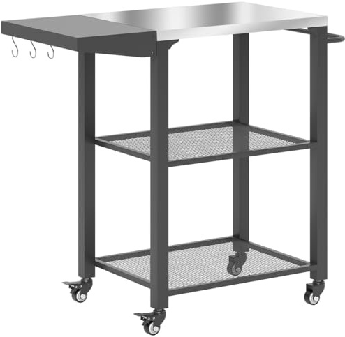 Grill Cart Stainless Steel BBQ Cart with Foldable Side Table Outdoor Grill Table Pizza Oven Table Serving Carts with Wheels and Hooks Silve