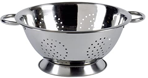 Krüger Edelstahl Standseiher Ø 28 cm mit Standfuß | Aus Edelstahl | Mit Standfuß & Edelstahlgriffen | Schnelles Abtropfen | Für Nudeln, Gemüse & Salat