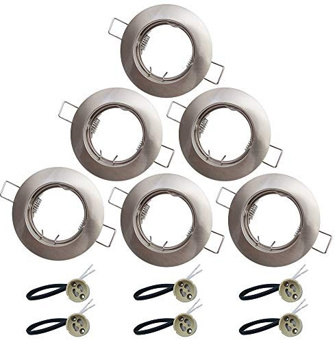 KingYH 6 Pack Round Recessed Spotlights Downlight Bezel Trim Ring Fitting GU10 Light Mounting Frame with GU10 Lamp Holder for Ceiling Spotlight MR16 and 50 mm Bulb Halogen Light Fitting Silver