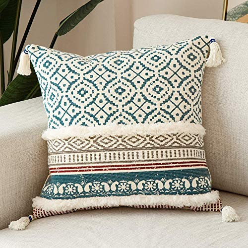 hi-home Boho Cushion Covers, Tufted Decorative Throw Boho Style Pillow Covers Modern Square 45x45cm Pillowcases with Tassels for Couch Sofa Bedroom Livingroom, Soft Cotton Pillow Case Blue