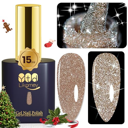 YTD Likomey Smalto Semipermanente per Unghie in gel,15ml Oro Champagne Glitterato Riflettente Dorato Glitter Colori Smalti Semipermanenti,Olografico Brillante del Giorno di Natale UV Unghie Gel,SZ012