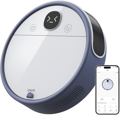 OKP Robot Aspirapolvere, WiFi/App/Alexa, Aspirapolvere robot con programmazione, Ricarica automatica, Design sottile, Silenzioso, Perfetto per pavimenti duri, Peli di animali domestici, Tappeti