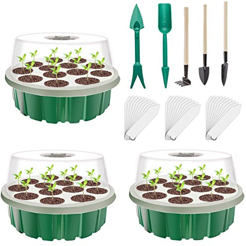 Zimmergewächshaus Anzuchtkasten,3 Stück 39 Zellen,Mini Gewächshaus Anzucht Set,Anzuchtschale mit Decke,Treibhaus Kunststoff Anzuchtschalenl,mit 5 Gartengeräte Klein + 30 Pflanzenetiketten(Grün)