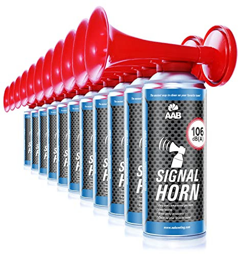 11 x AAB Signal Horn – Laut Fanfare 106 dB(A), Fussball Fanartikel Mit Nicht Brennbarem Gas, Bis Zu 120 Kurze Pieptöne, Drucklufthorn, Gaströte, Pressluft Signalhorn, Drucklufthupe, Stadion Tröte