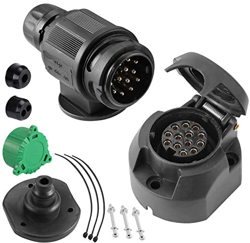 SPARKMOTO 13 Poliger Anhänger Stecker und 13 Polig Anhänger Steckdose,mit Montagezubehör,inkl. Grün Parking Cover,12V Wasserdicht 13 Poliger Anhänger Stecker Steckdose für KFZ Wohnwagen AHK(Klassisch)