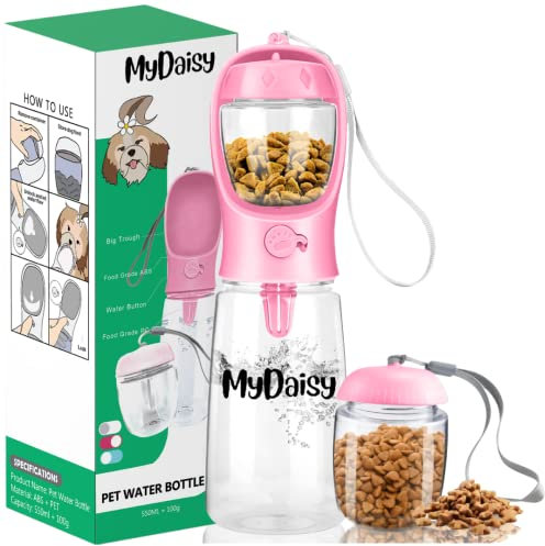 MYDAISY Läckagesäker hunddrickflaska för resor med 100 g foderbehållare bärbar hundvattenflaska med stor kapacitet 550 ml lämplig för hundar, valpar och katter hundtillbehör to Go