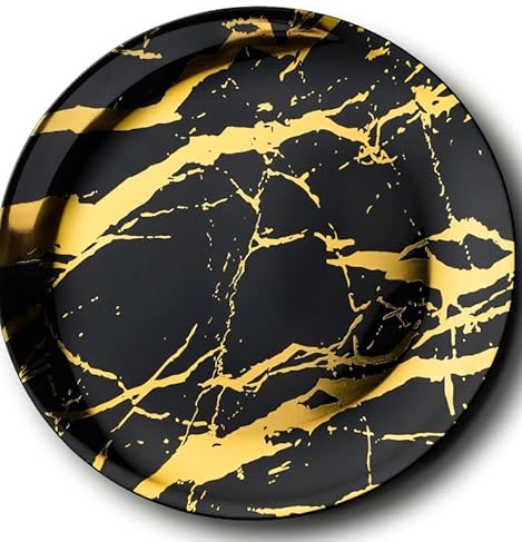 Decorline - Plateau de Service - Lot de 4 - Plats à Servir en Marbre en Plastique Réutilisable Robuste, Plateaux Traiteur de présentation/décoration Pour de Fête Buffet - Rond Ø 40 cm - Noir/Or
