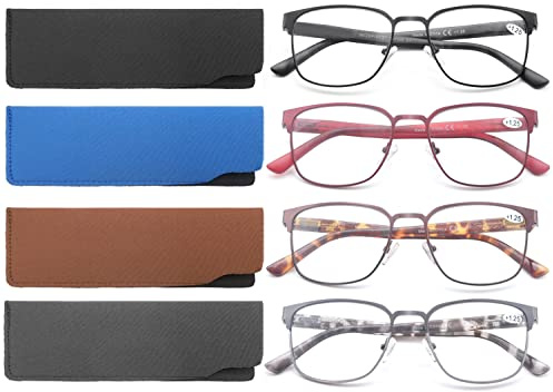 MODFANS 4er-Pack Lesebrille Herren Damen Blaulichtfilter Metallrahmen Rechteck Stil Edelstahl Material