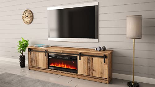 Meuble TV 200x57x35 cm Couleur Vieux Bois Grange avec Cheminée chauffante intégrée Meuble Hi-FI à Poser
