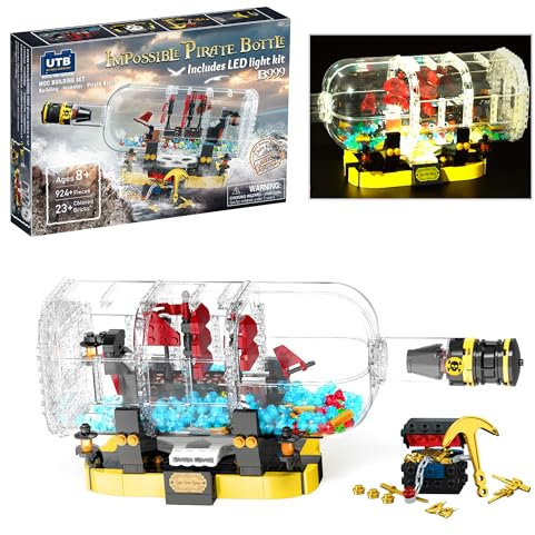 Under the Baubles Pirate Ship in a Bottle with LED Light Toy Building Sets for Adults (924 Pcs), Unique Home Decor, for Him Her Women, Men, Boys and Girls