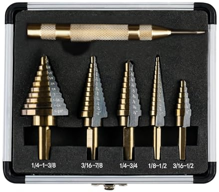 KENDO 6PCS Step Drill Bits with Automatic Center Punch - Black and Gold, High Speed Steel Unibit Step Drill Bit Set, Total 50 Sizes HSS Titanium Step Bits for Metal, DIY Lovers with Aluminum Case