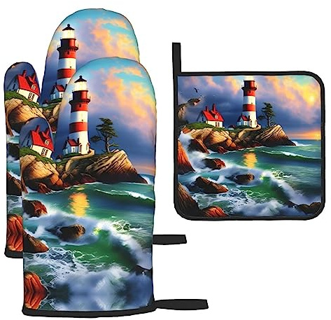 Lighthouse Diamond Painting Print Oven Mitts and Pot Holders Sets of 4,Resistant Hot Pads with Non-Slip Gloves for Kitchen,Cooking