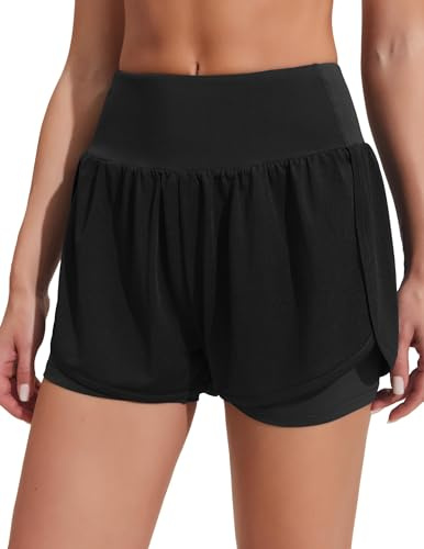 PINSPARK Pantalons de Sport Shorts pour Femmes Taille Haute Shorts de Sport 2 en 1 avec Poches à séchage Rapide Shorts de Sport Fitness Yoga Jogging Pantalons de Sport