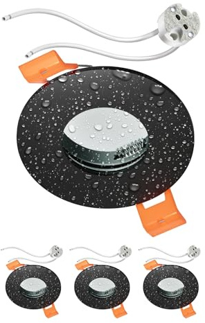 ledscom.de 4x Bad-Deckeneinbaurahmen ERID, Feuchtraum, Badezimmer, IP44, rund, schwarz matt, inkl. GU5.3 Fassung