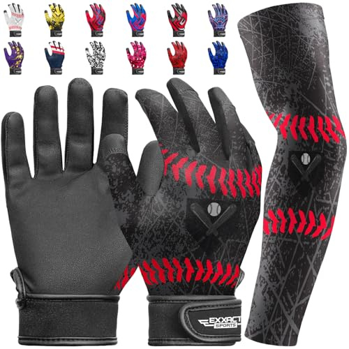 Exxact Sports Youth Batting Gloves with Arm Sleeve for Boys & Girls, Kids Baseball Batting Gloves for Softball, T-Ball (Youth S/M, Black)