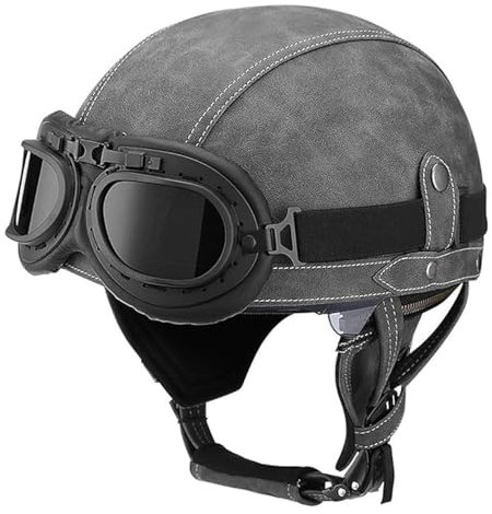 Halbschalenhelm Leder Motorradhelm Halbhelme mit ECE, Vintage Helme mit Brille, Jethelm Retro, Chopper Helm, Scooter-Helm, Fahrradhelm, mit Sonnenblende und Herausnehmbares Innenfutter X,M