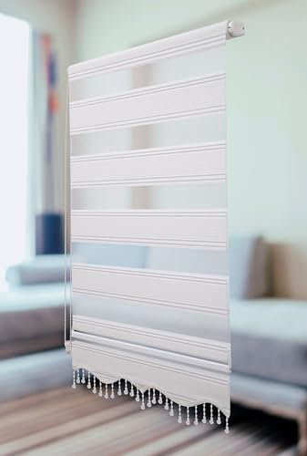 PlisseeOnline Doppelrollo Klemmfix ohne Bohren Weiß Silber Glitzer mit Perlen Duo Rollo für Fenster und Türen Plissee Rollo Gardine 110 x 150 cm Blickdicht Klemmrollo mit Perlen Seitenzugrollo