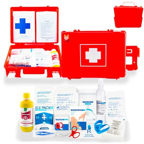Akitaink Cassetta medica pronto soccorso con ALLEGATO 2 per aziende meno 3 dipendenti completa di staffa a muro, Conforme DM388/DL81, Made in Italy