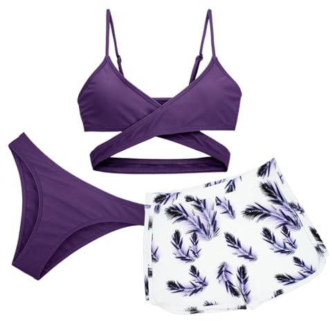 Panegy Flickbaddräkter 3 stycken bikini baddräkt camisole topp med cover up strandshorts barn simning kostym surfing badmode 8–15 år, violett, 10-11 År