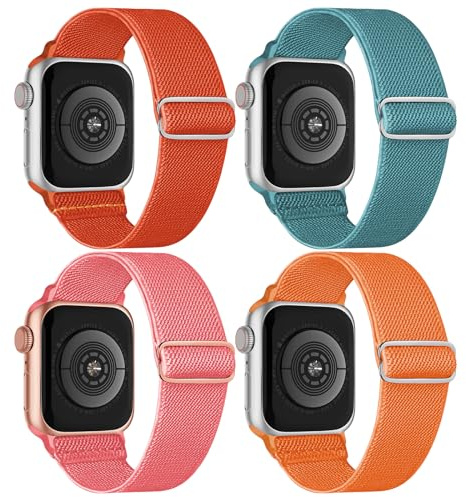 4 Pack Stretchy Nylon Compatible with Apple Watch Straps, Soft Breathable Elastic Sport Bands for iWatch Series 11 10 9 8 7 6 5 4 SE Ultra, 38/40/41/42/44/45/46/49mm Replacement Wristband Men Women