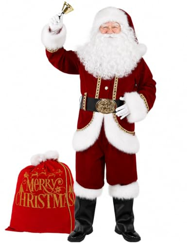 Boveco Christmas Men’s Santa Costume Set Adult 11 Pcs Deluxe Santa Claus Costume Suit Velvet for Xmas Holiday Party Cosplay XL