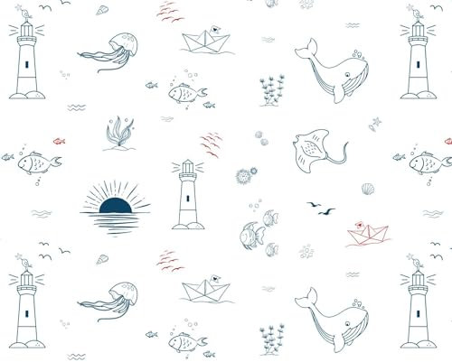 Keine Meterware, Stoffe zum Nähen, Stoff für Kinder, 100% Baumwolle: 0,5m Baumwollstoff mit Tiere - Fische Boote Leuchtturm - Jungen und Mädchen Sommer Kinderstoff - Happy Sea
