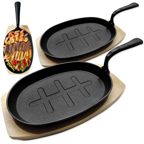andrew james 2 Pack Pre-Seasoned Cast Iron Skillet Pan Sizzle Plate with Wooden Base, Griddle Frying Pan Ideal for Cooking, Searing, Sautéing, and Serving – Skillet for Stovetop, Oven & Grill Use
