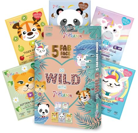 7th Heaven Go Wild Animal Face Sheet Mask Gift Set – 5 Fun Hydrating Masks for Kids with Coconut, Apple, Aloe & Banana – Gentle on Sensitive Skin, Perfect for Sleepovers & Party Bags – Cruelty-Free