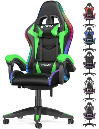 Bigzzia Gaming Chair with RGB Computer Chair with Light Reclining PU Leather Video Game Chair with Headrest Adjustable Lumbar Support (With RGB led, Black/Green)