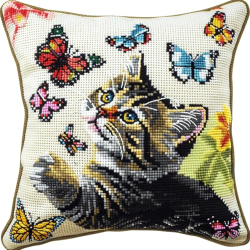 DIY knüpfen set anfänger Katze und Schmetterling knüpfkissen mit vordruck Farbe Tiere DIY Knüpfkissen，Überwurfkissen，Matte，Stickerei-Bastelsets für Anfänger mit aufgedrucktem Muster，He 43x43cm