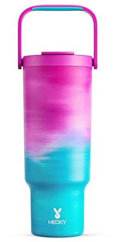 Meoky 40 oz Tumbler with Handle and Straw, Insulated Water Bottle, Stainless Steel Travel Mug, Keeps Cold for 34 Hours, 100% Leak Proof, Fits in Car Cup Holder (Marshmallow)