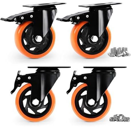 Caster Wheels, Heavy Duty 100mm Casters Set of 4, Locking Swivel Casters Wheels for Cart, Furniture and Workbench, Orange